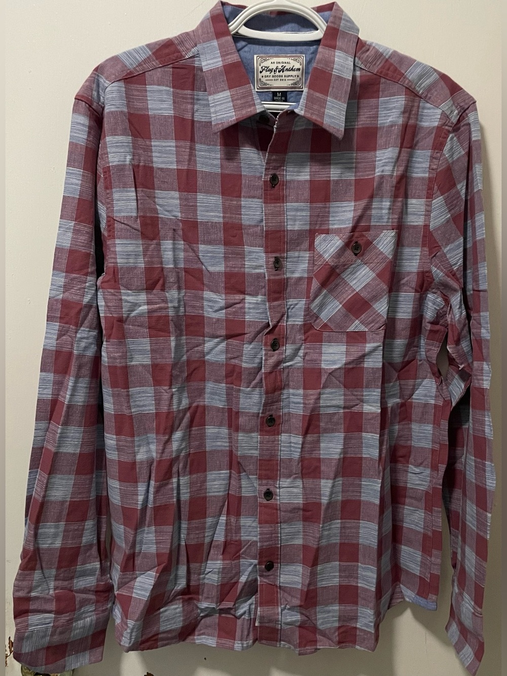 Flag & Anthem Men’s Plaid Button Up Long Sleeve Shirt Color Red Grey Size Medium